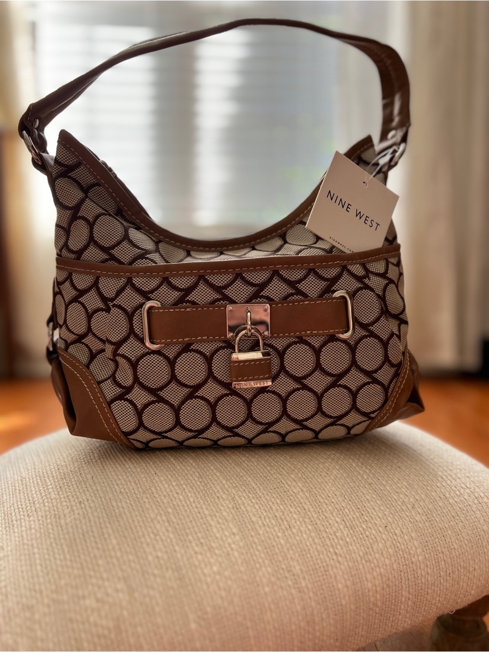 NWT Nine West Brown Logo Pattern Shoulder Hobo Bag